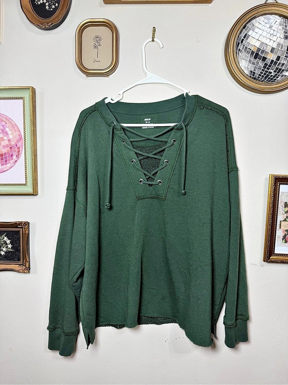 aerie Lace Up Oversized Crew Sweatshirt Green Medium